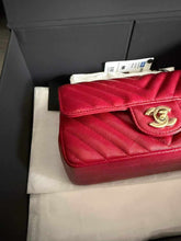 Load image into Gallery viewer, Chanel 18B raspberry red mini caviar chevron, with light gold hardware
