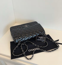 Load image into Gallery viewer, Chanel black patent jumbo, silver ruthenium hdw
