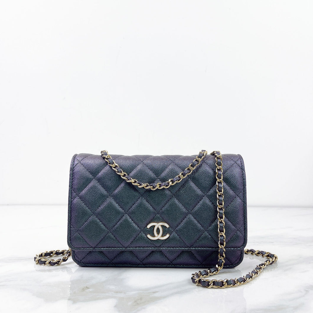 Chanel black iridescent caviar wallet on chain, woc with large CC logo