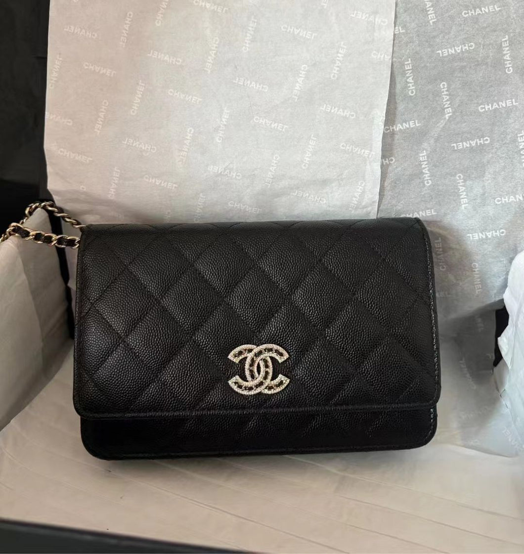 Chanel 22s black caviar crystal woc (wallet on chain), light gold hdw