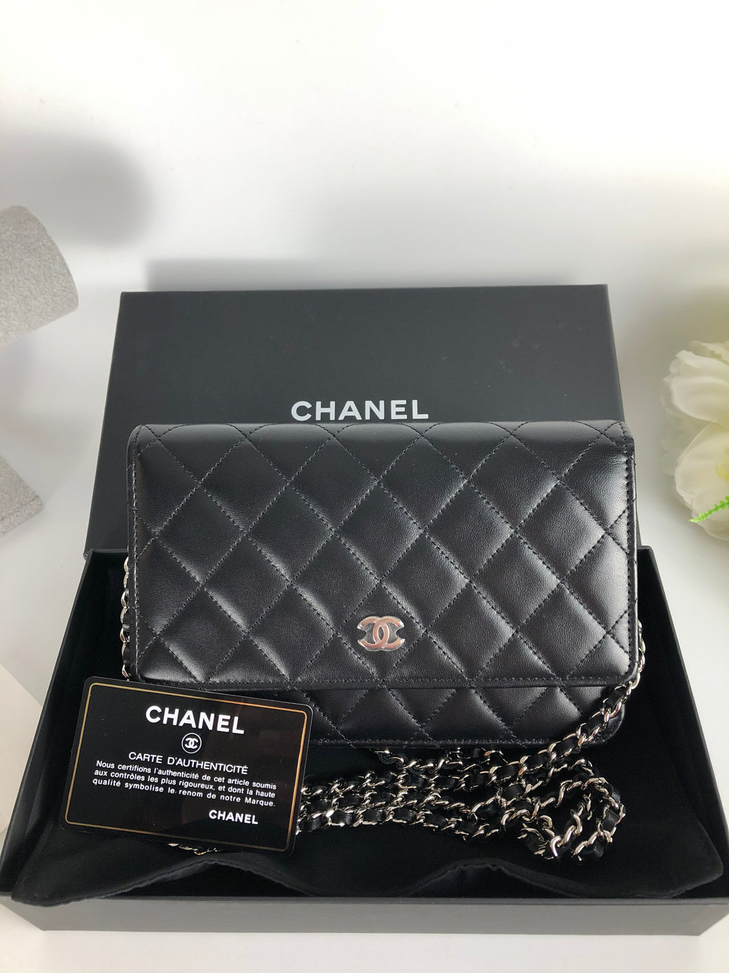 Chanel 28 series black lambskin woc, wallet on chain silver hdw