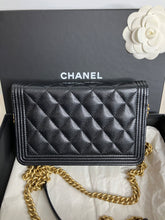 Load image into Gallery viewer, Chanel black caviar boy woc (wallet on chain) with aged gold hdw
