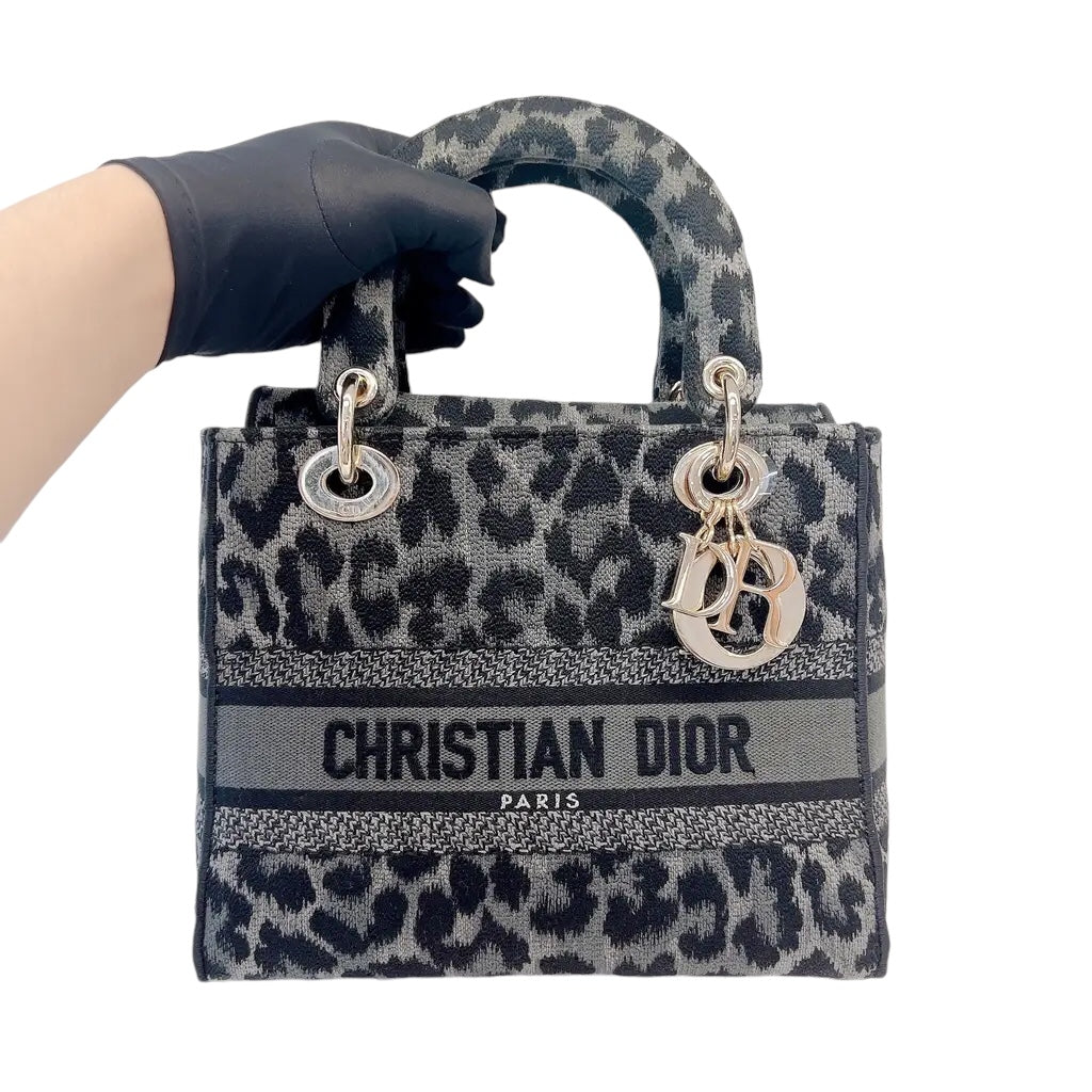 Christian Dior Grey and Black Leopard Pattern Mizza Embroidery Medium Lady D-Lite Bag Pale Gold Hardware