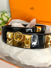 Load image into Gallery viewer, Hermes black and gold croc collier de chien belt
