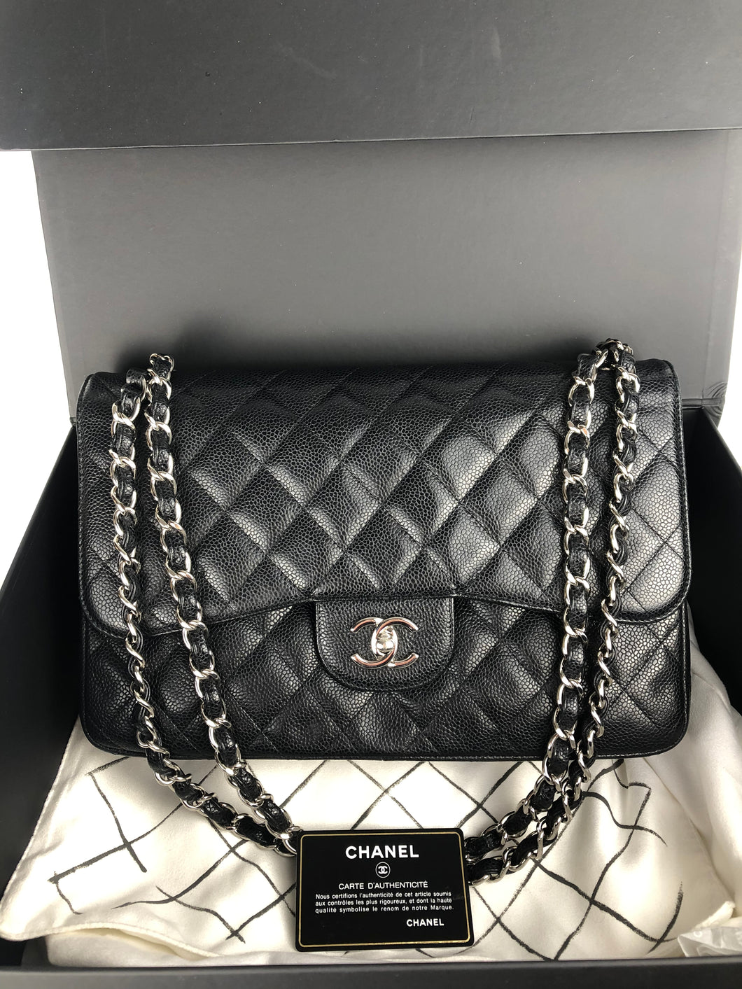 Chanel black caviar jumbo, silver hdw