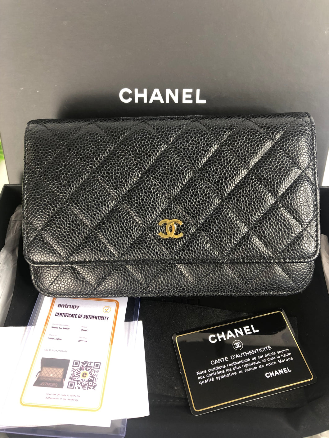 Chanel black caviar wallet on chain (woc), gold hdw 28 series