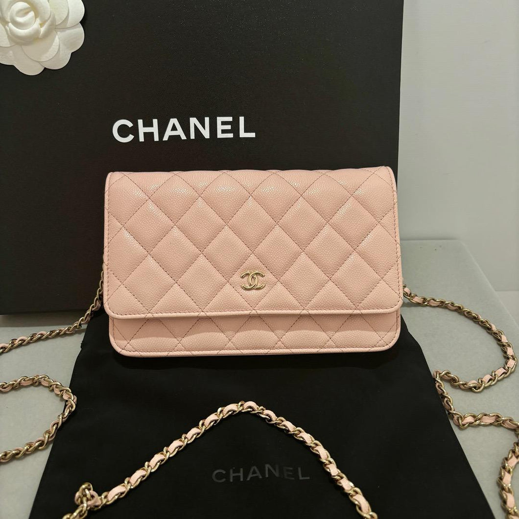 Chanel rose beige woc wallet on chain, caviar leather with gold hdw