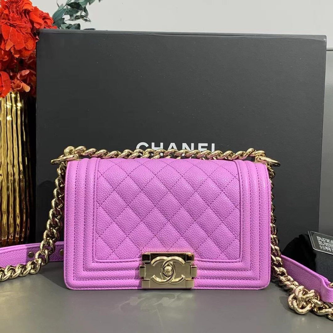 Chanel small purple caviar boy, gold hdw