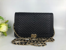 Load image into Gallery viewer, Chanel 24 series black caviar boy wallet on chain (woc), gold hdw
