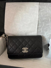 Load image into Gallery viewer, Chanel 22s black caviar crystal woc (wallet on chain), light gold hdw
