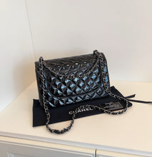 Load image into Gallery viewer, Chanel black patent jumbo, silver ruthenium hdw
