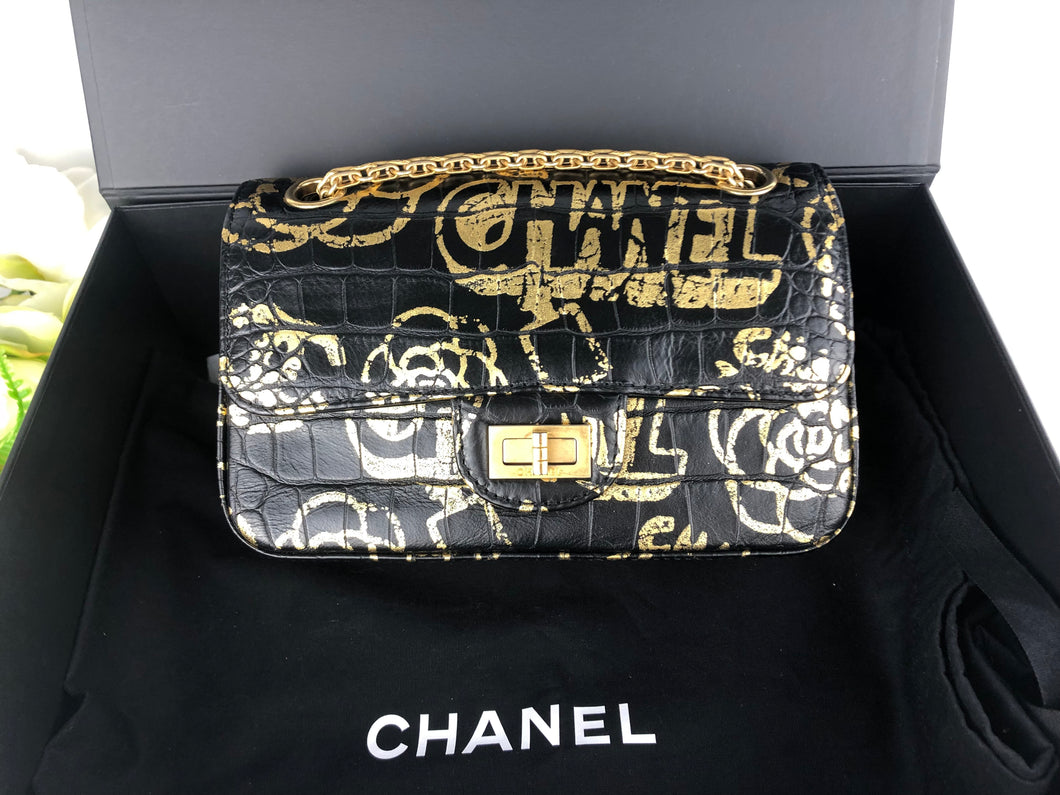 Chanel Egyptian graffiti mini reissue, rare from 19A collection croc embossed calfskin