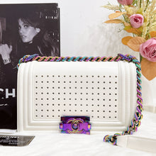 Load image into Gallery viewer, Chanel rare LED white medium boy bag with rainbow iridescent hdw
