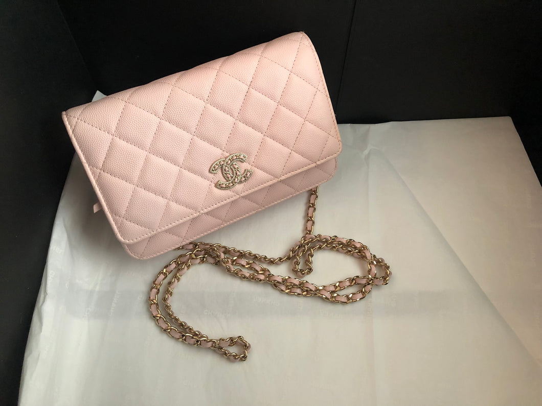 Chanel pink caviar crystal CC woc, wallet on chain