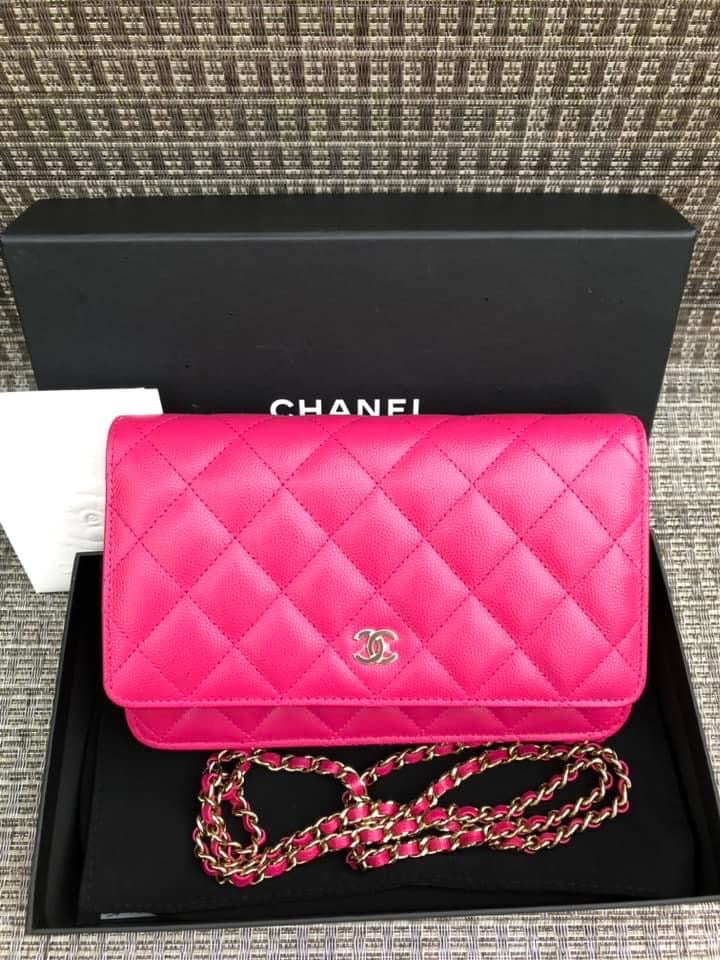 Chanel 22k dark pink caviar woc wallet on chain, full set