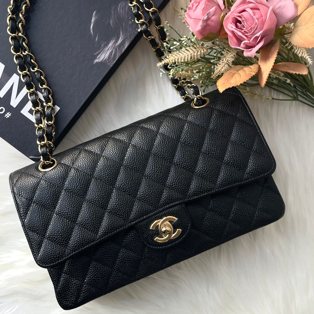 Chanel 2024 black caviar medium classic flap, gold hdw, microchip