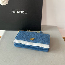 Load image into Gallery viewer, 22c Chanel denim pearl crush woc wallet on chain, gold hdw
