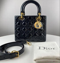 Load image into Gallery viewer, Lady Dior black patent medium with gold hdw
