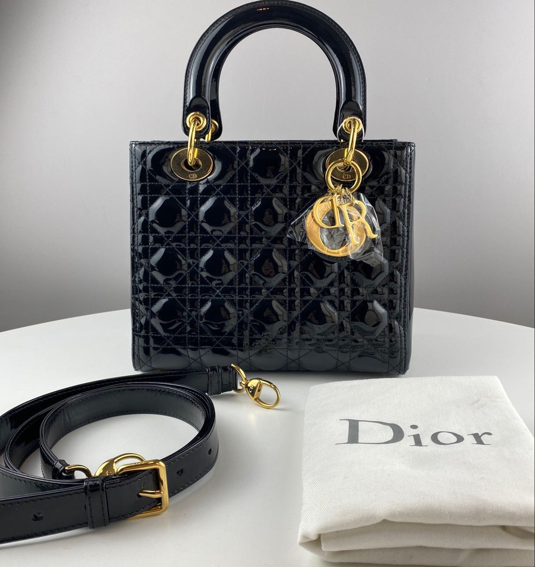 Lady Dior black patent medium with gold hdw