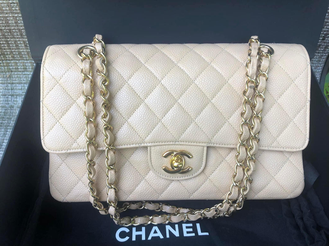 Chanel beige medium classic flap, caviar leather, gold hdw