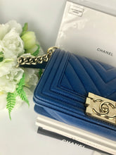 Load image into Gallery viewer, Chanel small blue caviar chevron boy, gold hdw
