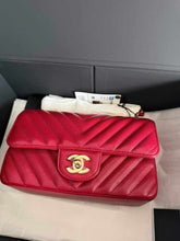 Load image into Gallery viewer, Chanel 18B raspberry red mini caviar chevron, with light gold hardware
