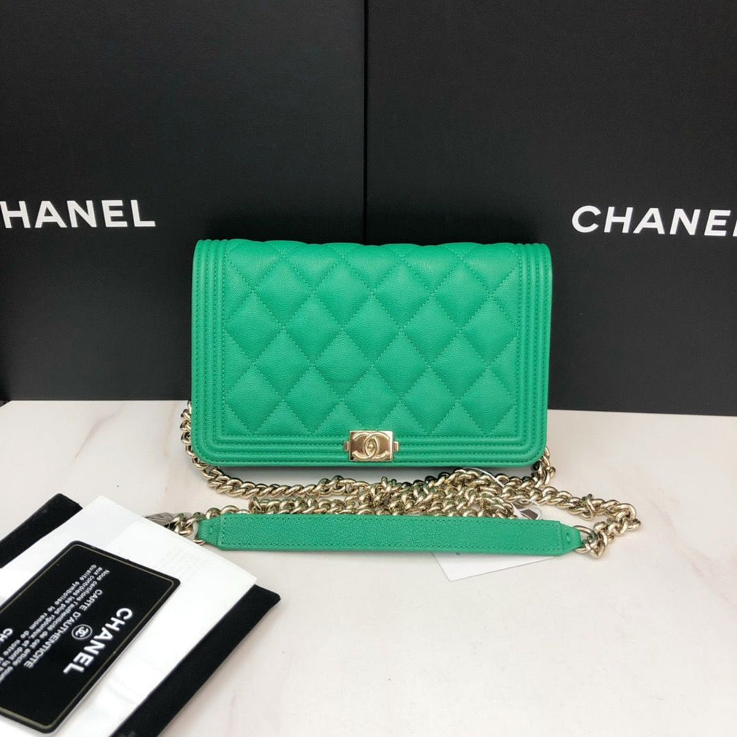 Chanel green caviar boy woc, gold hdw