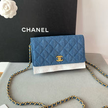Load image into Gallery viewer, 22c Chanel denim pearl crush woc wallet on chain, gold hdw
