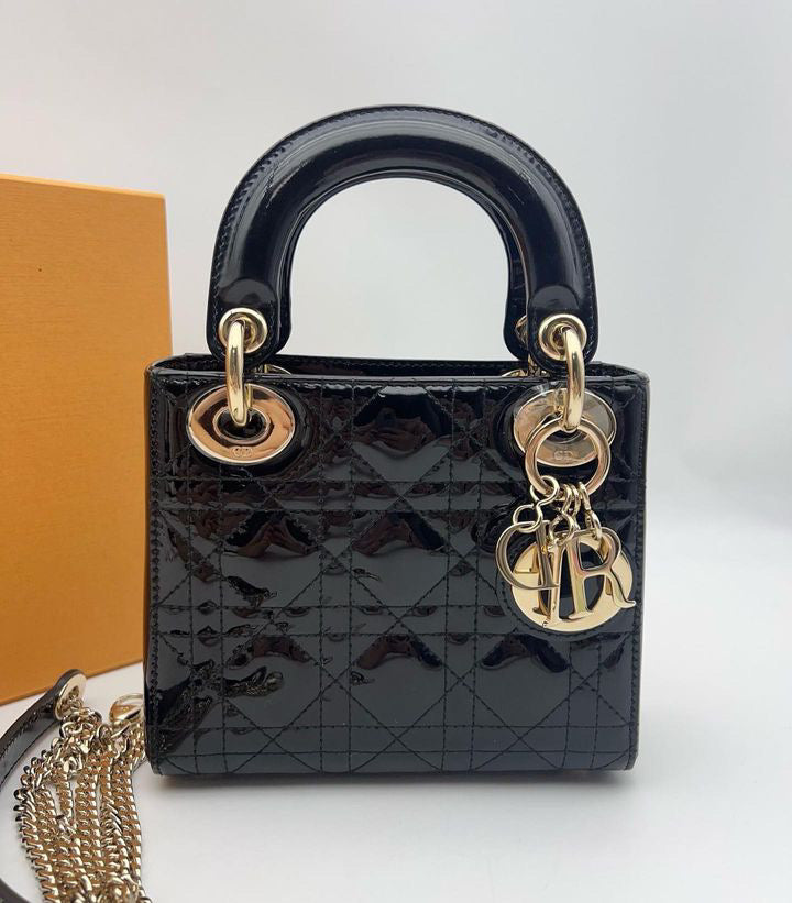 Lady Dior black mini patent, light gold champagne hardware