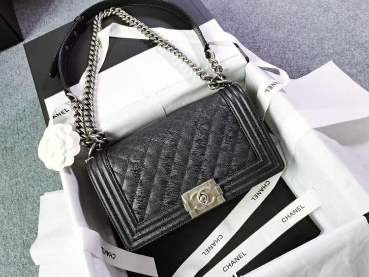 Chanel old medium black boy, silver hardware