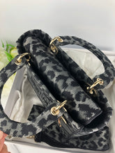 Load image into Gallery viewer, Christian Dior Grey and Black Leopard Pattern Mizza Embroidery Medium Lady D-Lite Bag Pale Gold Hardware
