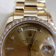 Load image into Gallery viewer, Rare Vintage Rolex Day-Date 18048 36mm 18K Yellow Gold Diamond Champagne Dial Watch
