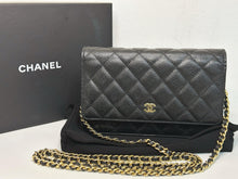 Load image into Gallery viewer, Chanel black caviar microchip woc (wallet on chain) with gold hdw
