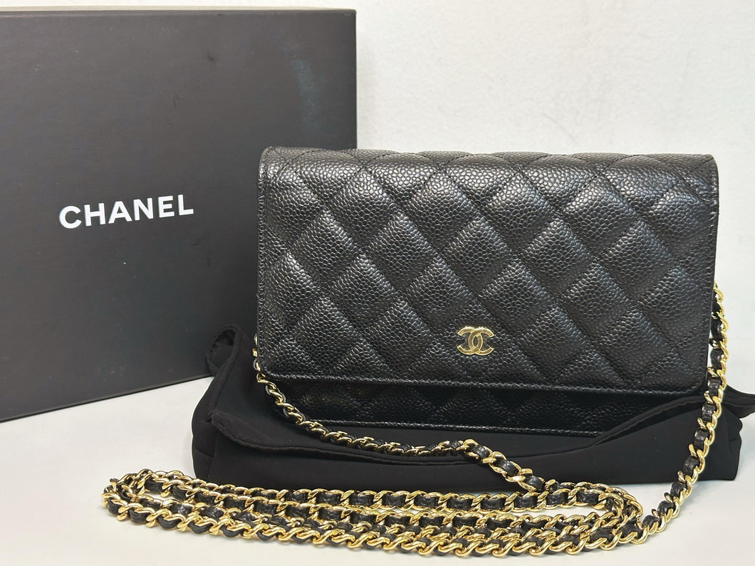 Chanel black caviar microchip woc (wallet on chain) with gold hdw