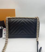 Load image into Gallery viewer, Chanel black old medium calfskin chevron boy, gold hdw
