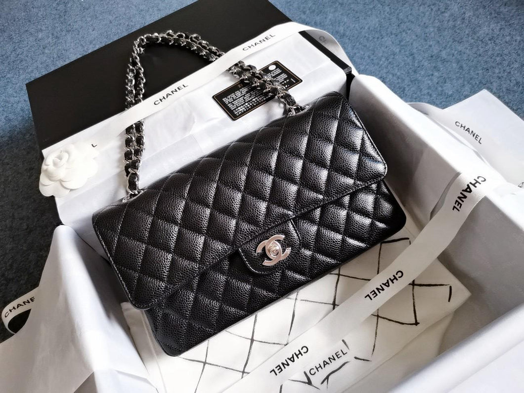 Chanel black caviar medium classic double flap, silver hdw