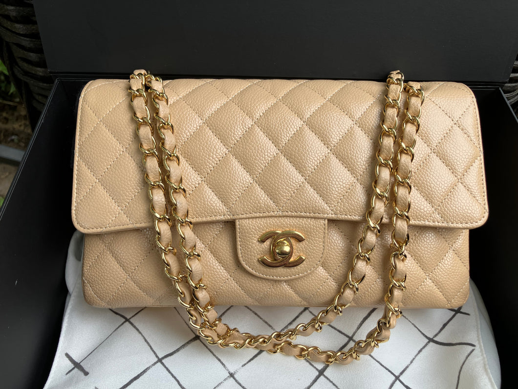 Chanel medium beige caviar classic flap with gold hdw