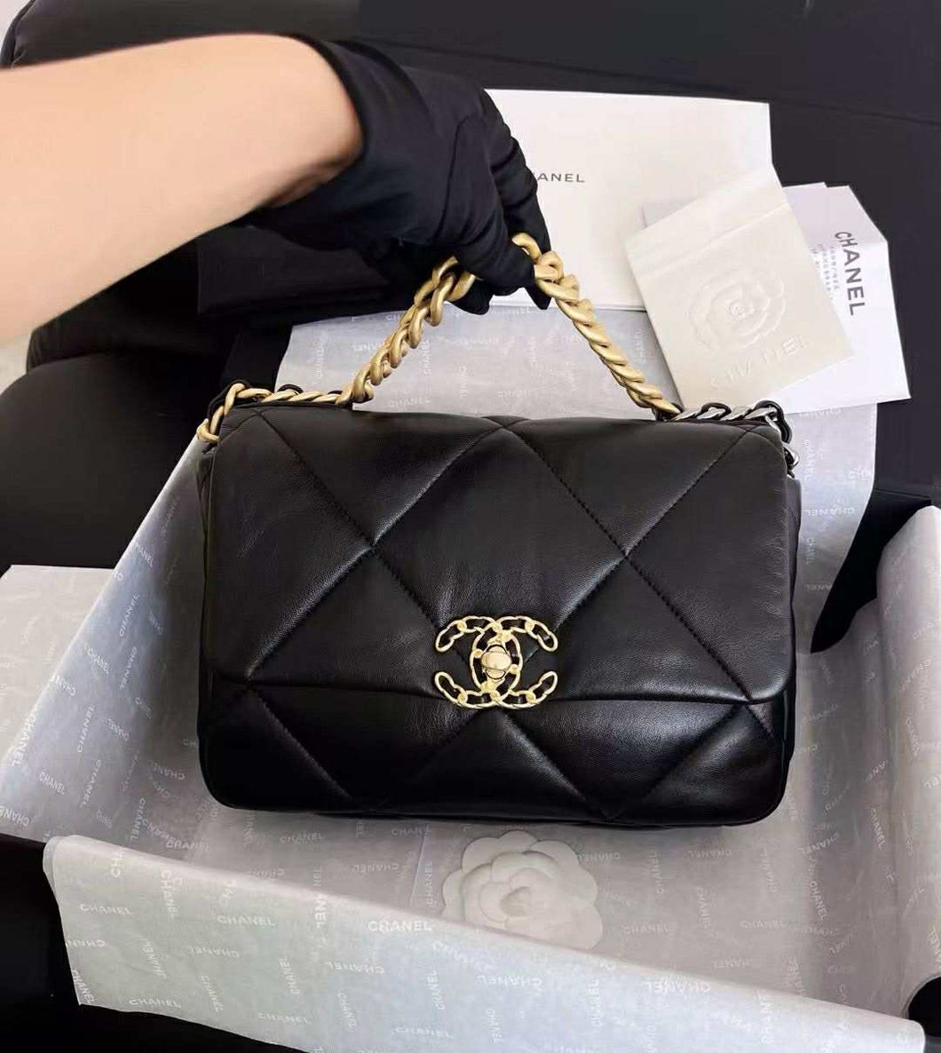 Chanel small black lambskin 19, with mixed gold hdw
