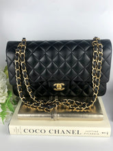 Load image into Gallery viewer, Chanel black medium lambskin classic, with gold hdw
