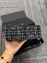Load image into Gallery viewer, Chanel mini rectangular tweed top handle, light gold hdw black and white
