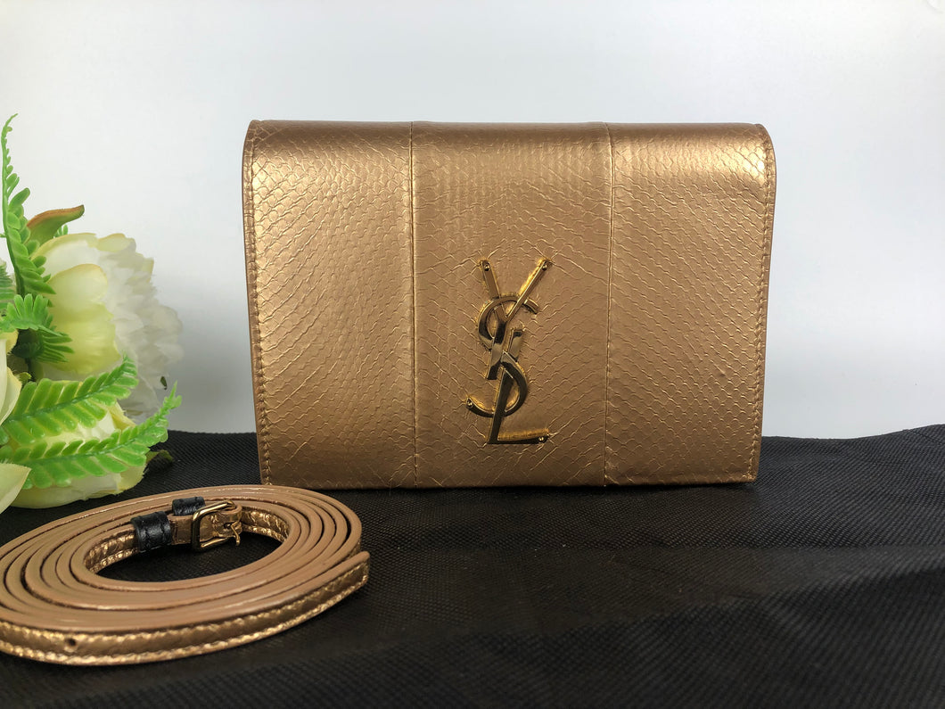 Ysl Saint Laurent woc, wallet on chain, gold/bronze snakeskin with gold hdw