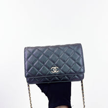 Load image into Gallery viewer, Chanel black iridescent caviar wallet on chain, woc with large CC logo
