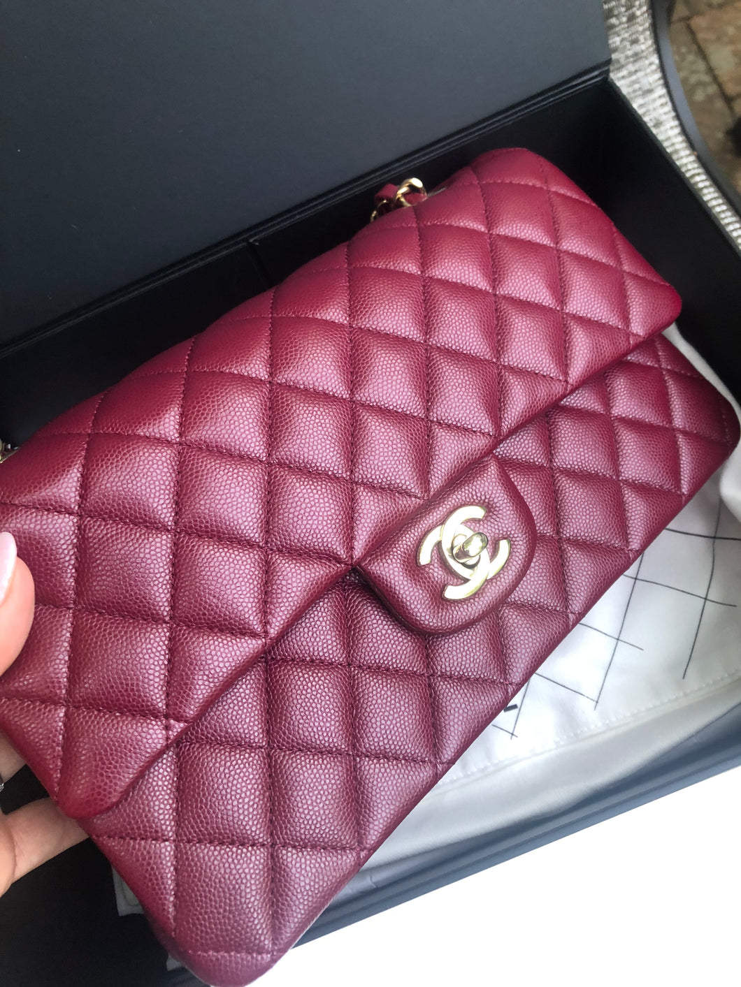 Chanel burgundy red caviar medium classic flap, light gold hdw chip full set