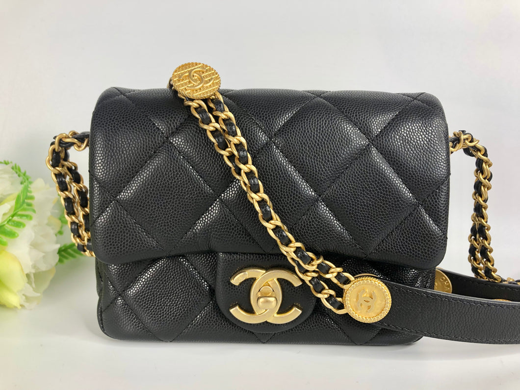 Chanel Black caviar coins mini with aged gold hdw