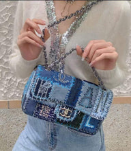 Load image into Gallery viewer, Chanel denim patchwork bag medium with silver hdw
