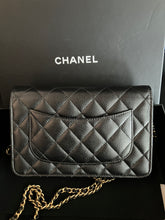 Load image into Gallery viewer, Chanel Black caviar microchip WOC, with gold hdw
