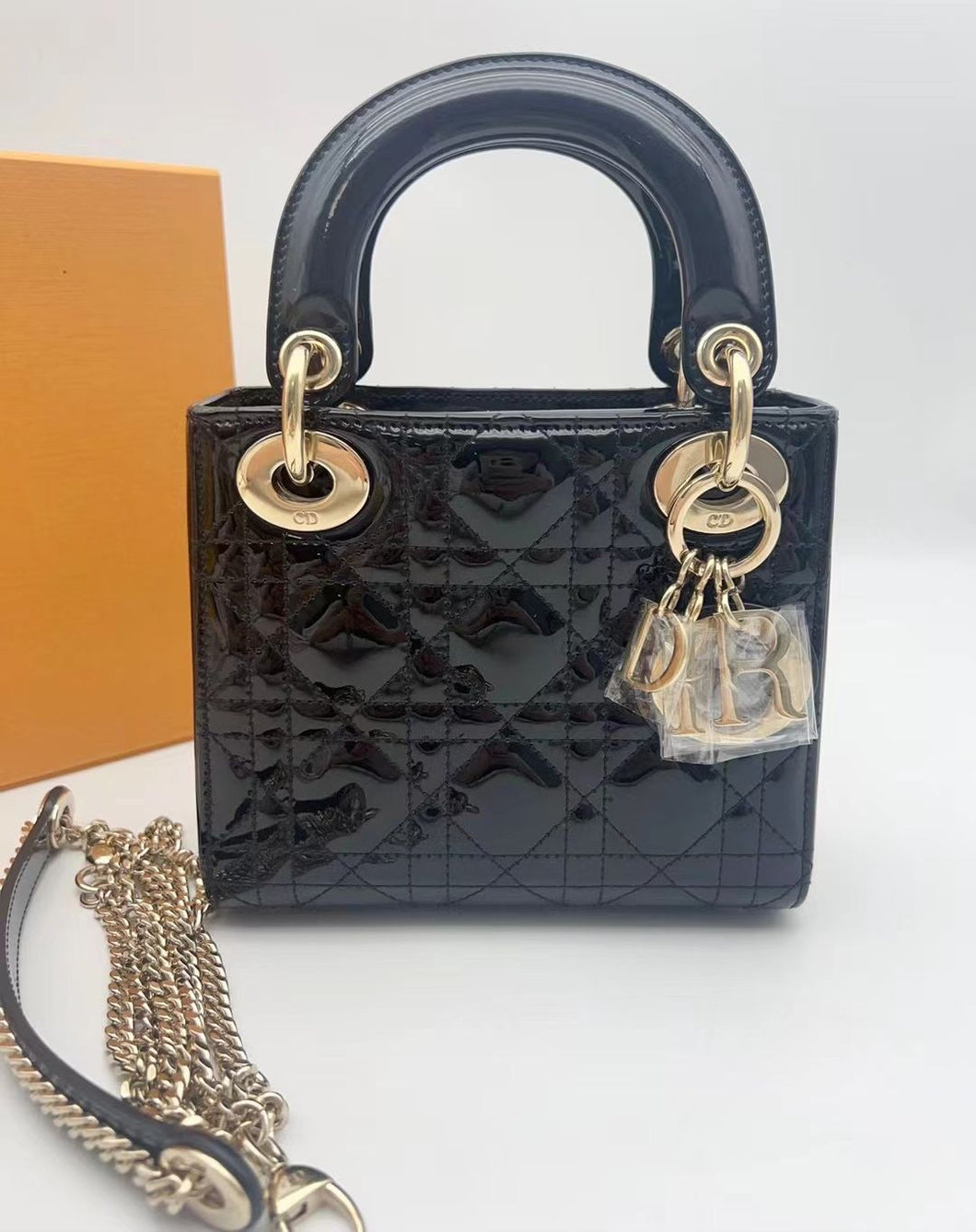 Lady Dior black patent mini, gold hdw