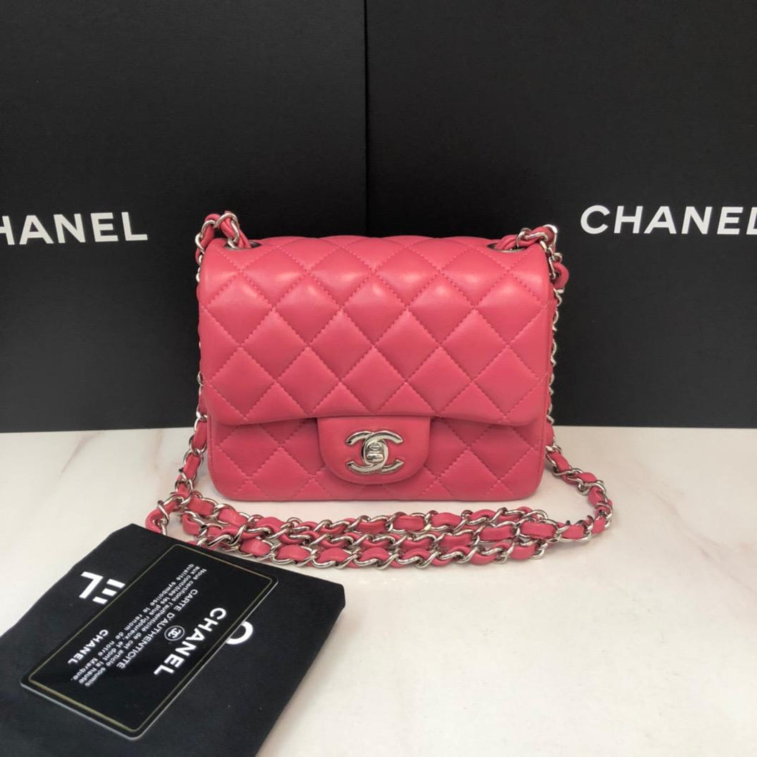 Chanel pink mini square lambskin with silver hardware