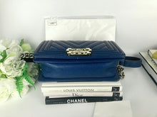 Load image into Gallery viewer, Chanel small blue caviar chevron boy, gold hdw
