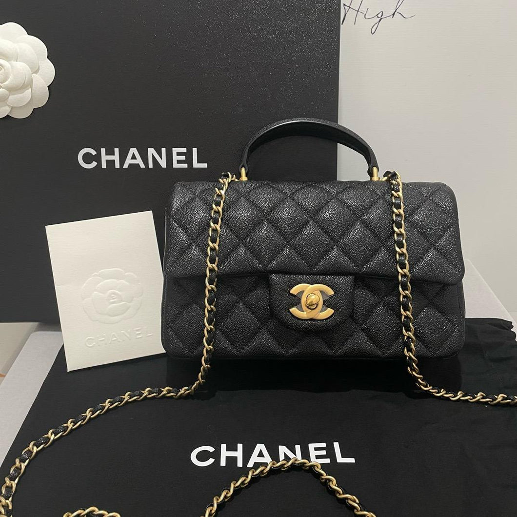 Chanel black caviar mini top handle, gold hdw